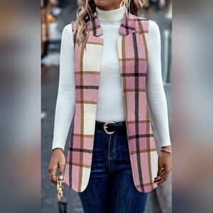 Shein Lune Women's Plaid Print Open Front Vest Blazer Pink XL (12)